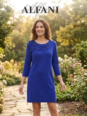 Alfani Cobalt Blue Three-Quarter Sleeve Knit Dress with Fringe Neck Detail